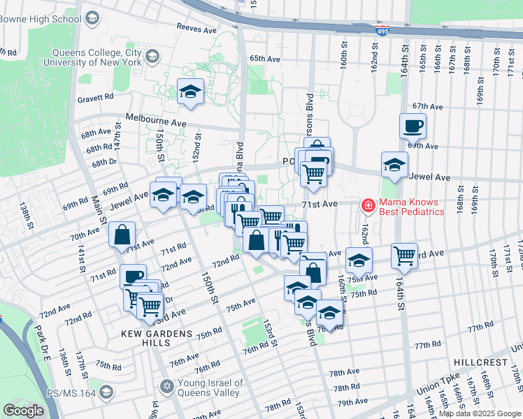 map of restaurants, bars, coffee shops, grocery stores, and more near 154-54 71st Avenue in Queens