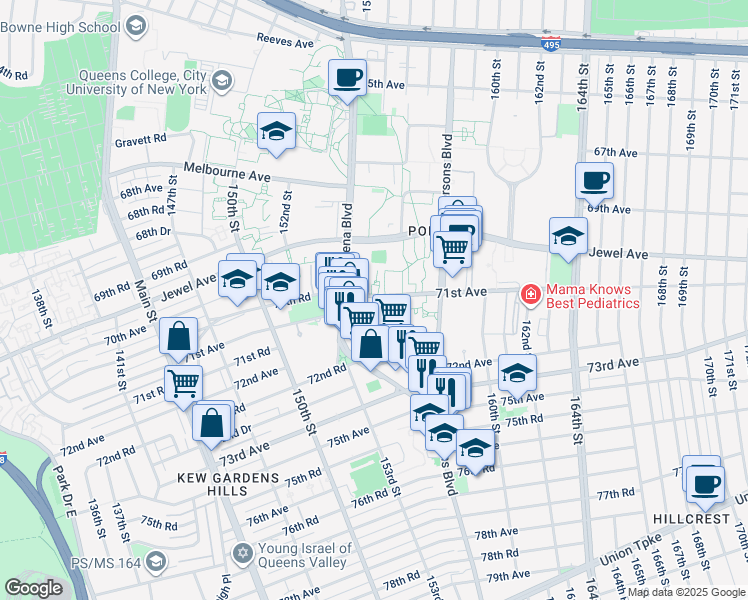 map of restaurants, bars, coffee shops, grocery stores, and more near 154-54 71st Avenue in Queens