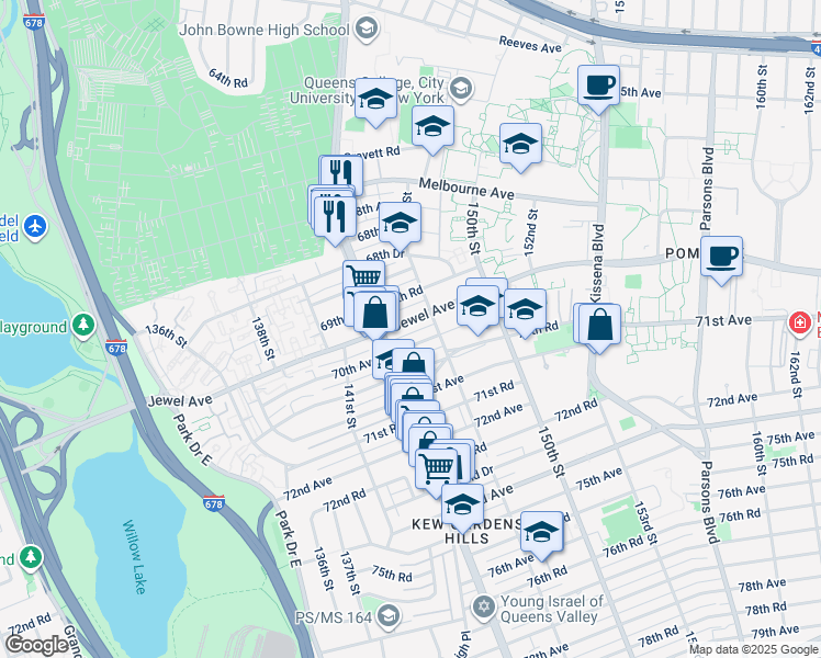 map of restaurants, bars, coffee shops, grocery stores, and more near 144-15 70th Avenue in Queens