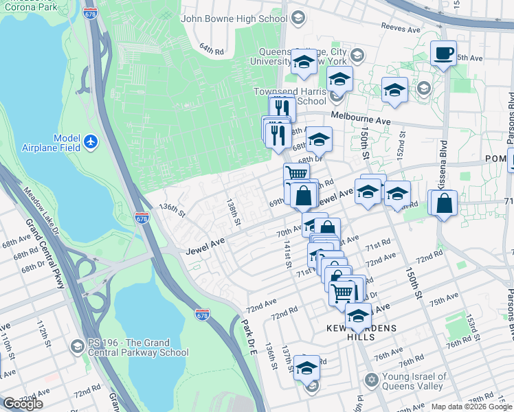 map of restaurants, bars, coffee shops, grocery stores, and more near 138-29 Jewel Avenue in Queens