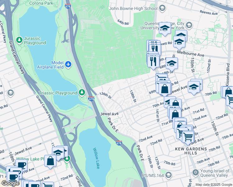 map of restaurants, bars, coffee shops, grocery stores, and more near 68-61 136th Street in Queens