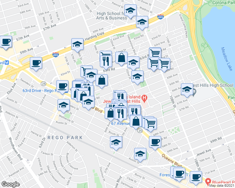 map of restaurants, bars, coffee shops, grocery stores, and more near 6509 99th Street in Queens