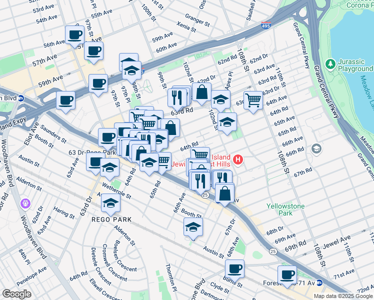 map of restaurants, bars, coffee shops, grocery stores, and more near 6509 99th Street in Queens