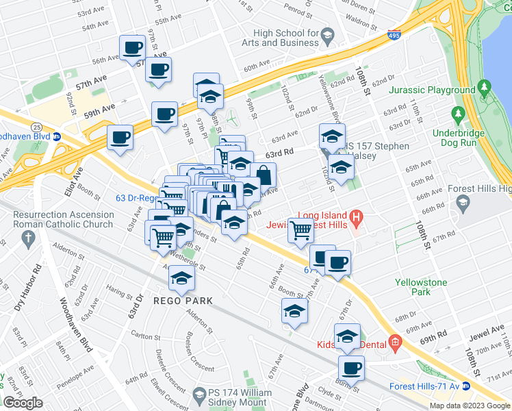 map of restaurants, bars, coffee shops, grocery stores, and more near 97-30 64th Road in Queens
