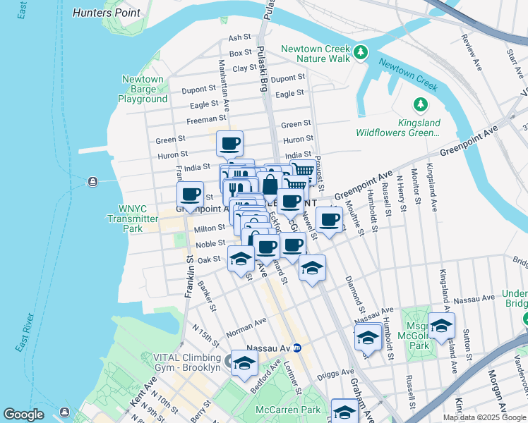 map of restaurants, bars, coffee shops, grocery stores, and more near 730 Leonard Street in Brooklyn