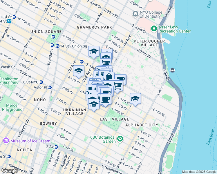 map of restaurants, bars, coffee shops, grocery stores, and more near 200 1st Avenue in New York