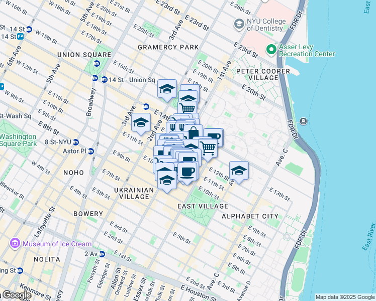 map of restaurants, bars, coffee shops, grocery stores, and more near 200 1st Avenue in New York