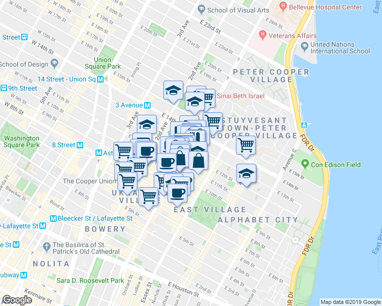 map of restaurants, bars, coffee shops, grocery stores, and more near 200 1st Avenue in New York