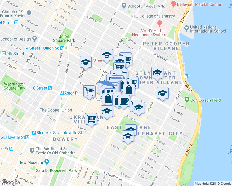 map of restaurants, bars, coffee shops, grocery stores, and more near 200 1st Avenue in New York