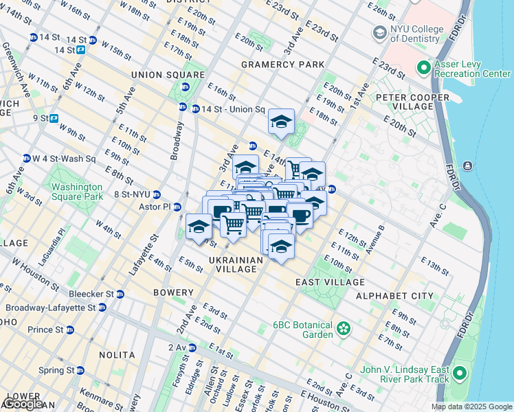 map of restaurants, bars, coffee shops, grocery stores, and more near 213 East 10th Street in New York