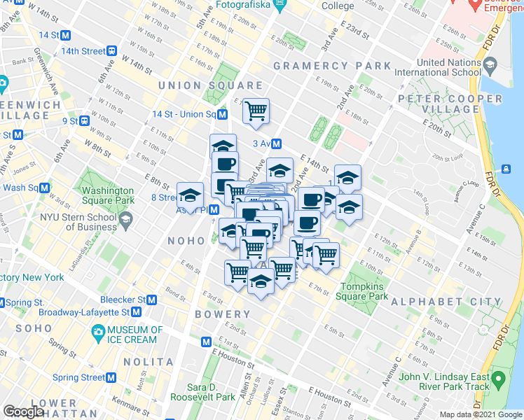 map of restaurants, bars, coffee shops, grocery stores, and more near 149 2nd Avenue in New York
