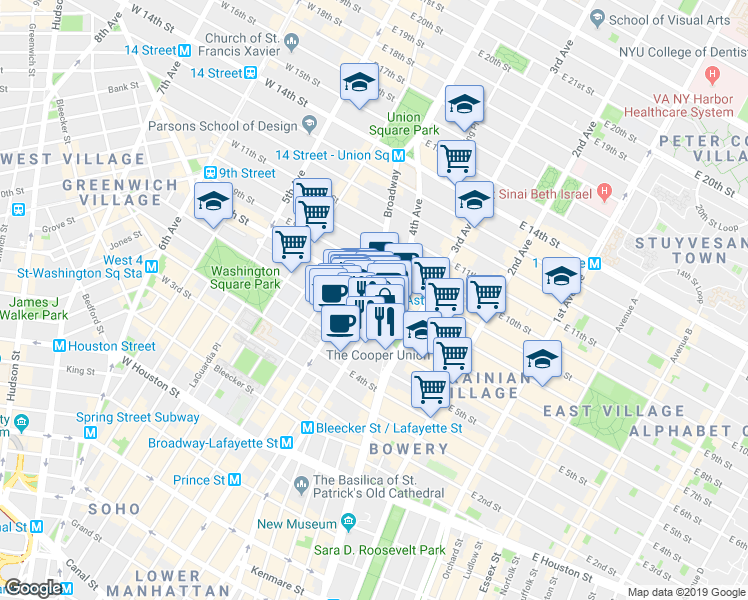 map of restaurants, bars, coffee shops, grocery stores, and more near 440 Lafayette Street in New York