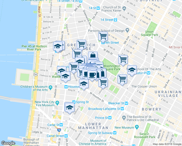 map of restaurants, bars, coffee shops, grocery stores, and more near 190 Bleecker Street in New York