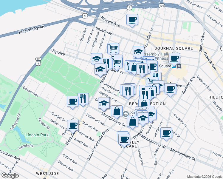map of restaurants, bars, coffee shops, grocery stores, and more near 100 Dekalb Avenue in Jersey City