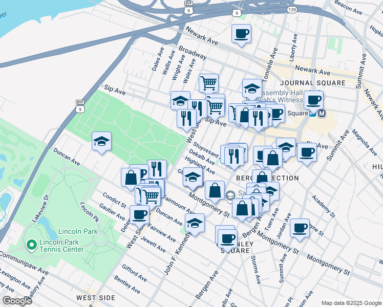 map of restaurants, bars, coffee shops, grocery stores, and more near 142 Highland Avenue in Jersey City