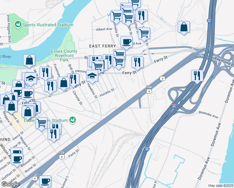 map of restaurants, bars, coffee shops, grocery stores, and more near 81 Manufacturers Place in Newark