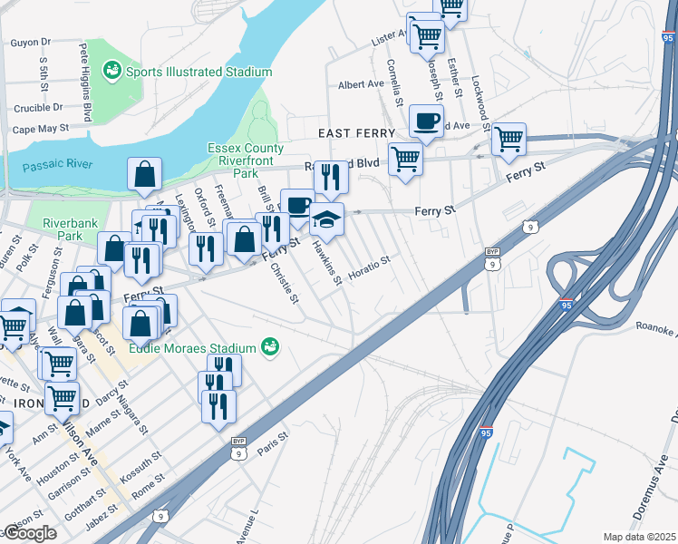 map of restaurants, bars, coffee shops, grocery stores, and more near 58 Hawkins Street in Newark