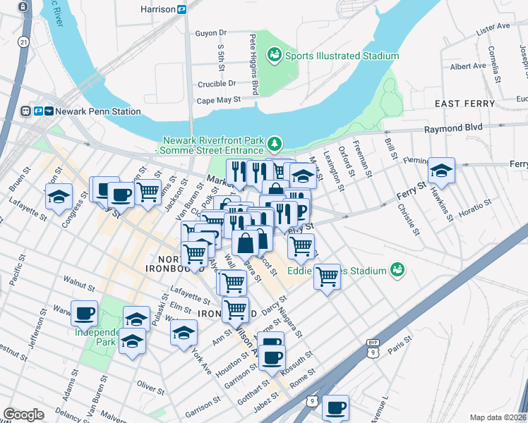 map of restaurants, bars, coffee shops, grocery stores, and more near 82 Somme Street in Newark