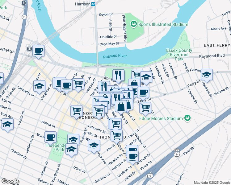 map of restaurants, bars, coffee shops, grocery stores, and more near 92 Chambers Street in Newark
