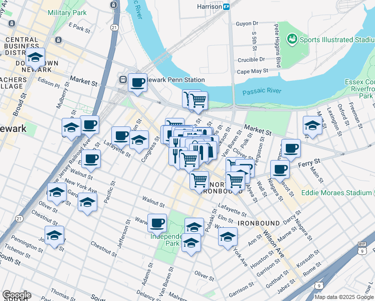 map of restaurants, bars, coffee shops, grocery stores, and more near 66-70 Adams Street in Newark