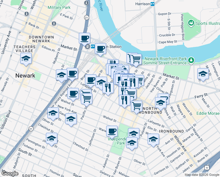 map of restaurants, bars, coffee shops, grocery stores, and more near 102 Jefferson Street in Newark