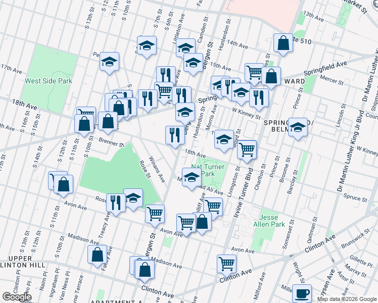 map of restaurants, bars, coffee shops, grocery stores, and more near 327-335 18th Avenue in Newark