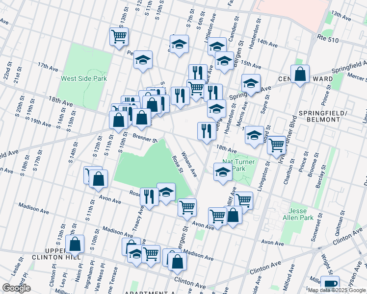 map of restaurants, bars, coffee shops, grocery stores, and more near 45 Winans Avenue in Newark