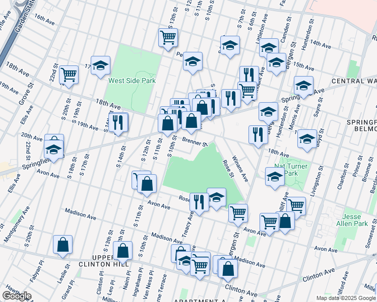 map of restaurants, bars, coffee shops, grocery stores, and more near 60 Kent Street in Newark