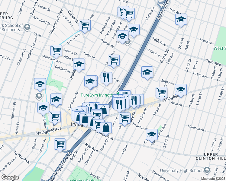map of restaurants, bars, coffee shops, grocery stores, and more near 111 Washington Avenue in Irvington
