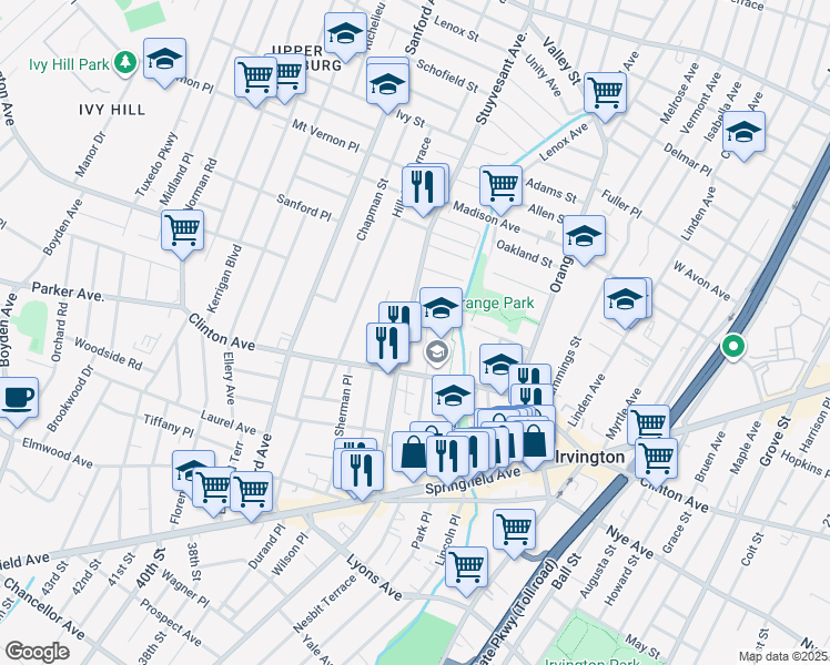 map of restaurants, bars, coffee shops, grocery stores, and more near 502 Stuyvesant Avenue in Irvington