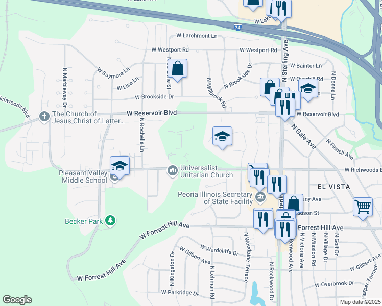 map of restaurants, bars, coffee shops, grocery stores, and more near 3004 West Granada Court in Peoria