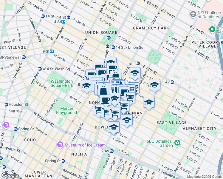 map of restaurants, bars, coffee shops, grocery stores, and more near 51 Astor Place in New York