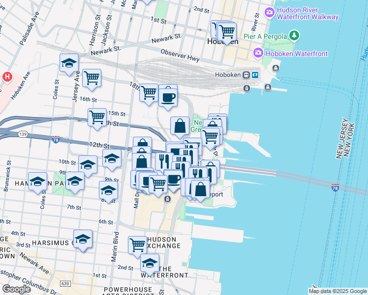map of restaurants, bars, coffee shops, grocery stores, and more near 475 Washington Boulevard in Jersey City