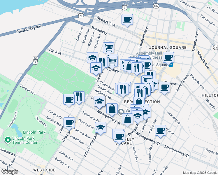 map of restaurants, bars, coffee shops, grocery stores, and more near 100 Dekalb Avenue in Jersey City