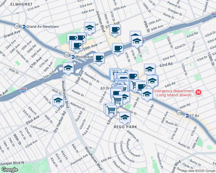 map of restaurants, bars, coffee shops, grocery stores, and more near 63-45 Saunders Street in Queens