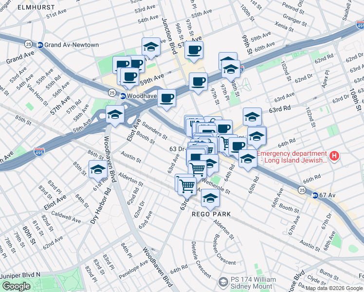 map of restaurants, bars, coffee shops, grocery stores, and more near 95-20 Queens Boulevard in Queens