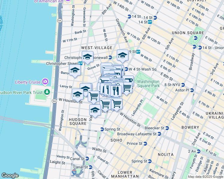 map of restaurants, bars, coffee shops, grocery stores, and more near 228 Bleecker Street in New York