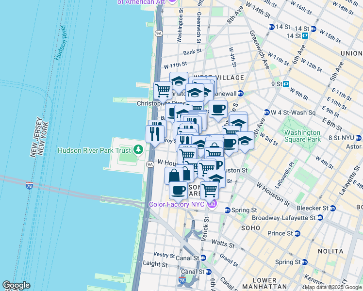 map of restaurants, bars, coffee shops, grocery stores, and more near 1168 Greenwich Street in New York