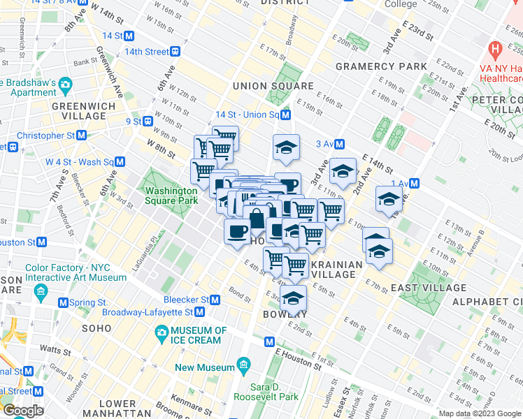 map of restaurants, bars, coffee shops, grocery stores, and more near 440 Lafayette Street in New York