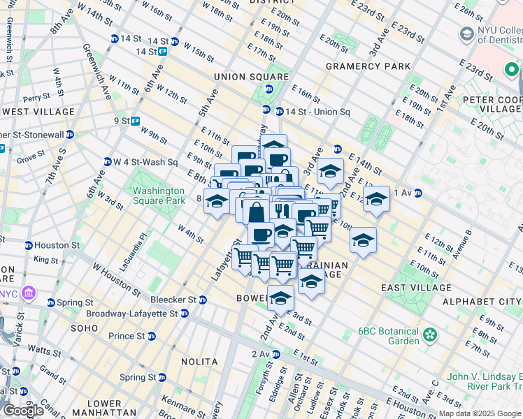 map of restaurants, bars, coffee shops, grocery stores, and more near 860 Lafayette Street in New York