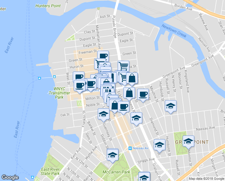 map of restaurants, bars, coffee shops, grocery stores, and more near 178 Greenpoint Avenue in Brooklyn