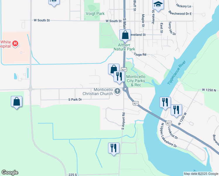 map of restaurants, bars, coffee shops, grocery stores, and more near 1000 Rainbow Drive in Monticello