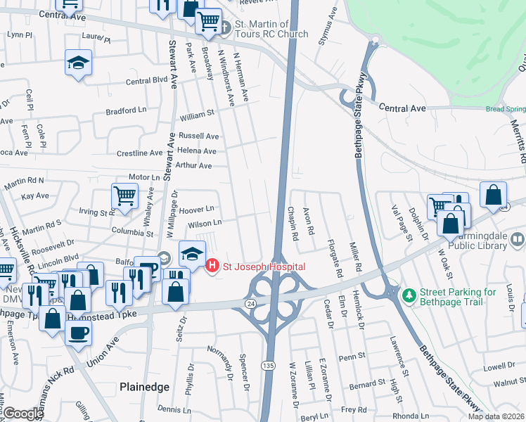map of restaurants, bars, coffee shops, grocery stores, and more near 74 South Windhorst Avenue in Bethpage