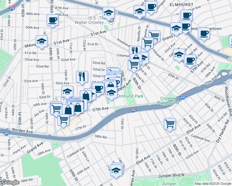 map of restaurants, bars, coffee shops, grocery stores, and more near in Queens