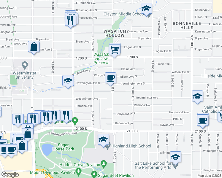 map of restaurants, bars, coffee shops, grocery stores, and more near 1844 South 1700 East in Salt Lake City