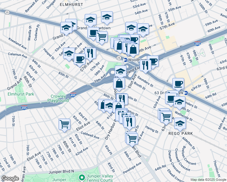 map of restaurants, bars, coffee shops, grocery stores, and more near 60-70 Woodhaven Boulevard in Queens