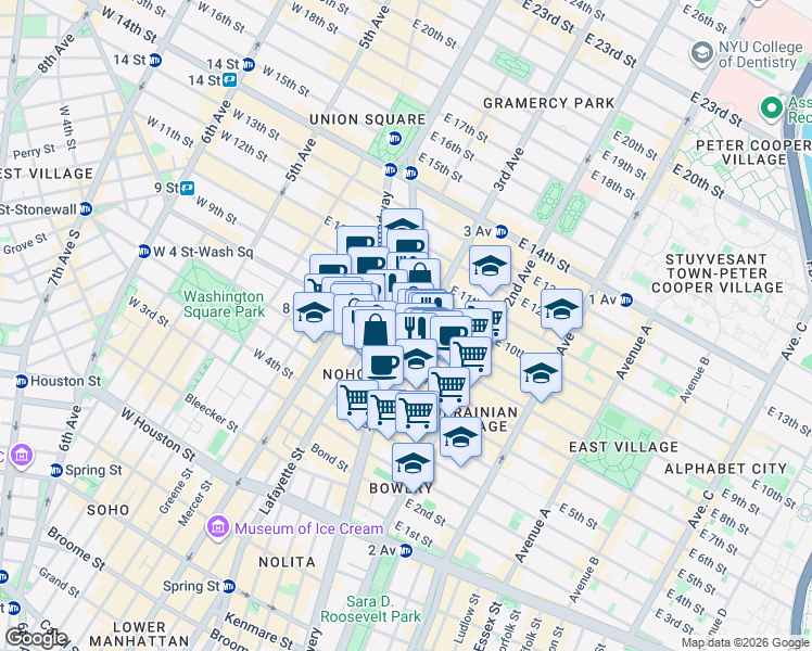 map of restaurants, bars, coffee shops, grocery stores, and more near 51 Astor Place in New York