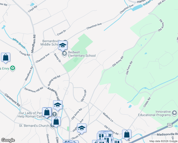map of restaurants, bars, coffee shops, grocery stores, and more near 29 Oak Place in Bernardsville