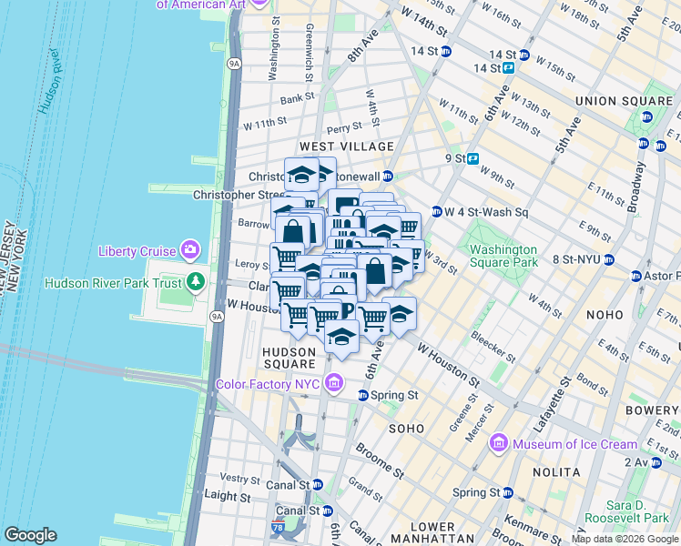 map of restaurants, bars, coffee shops, grocery stores, and more near 2 7th Avenue South in New York