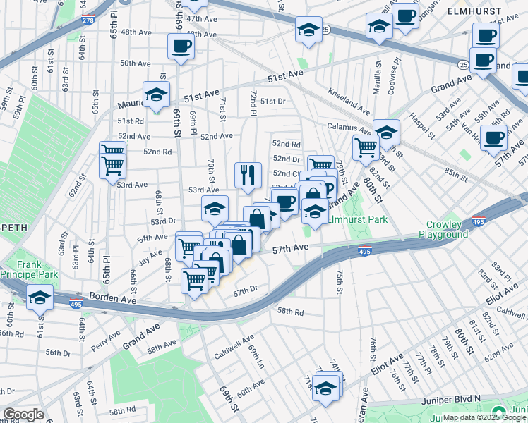 map of restaurants, bars, coffee shops, grocery stores, and more near 53-38 73rd Street in Queens
